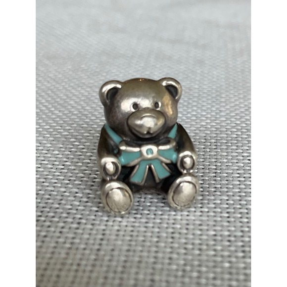 Pandora Sterling Silver 925 ALE ITS A BOY blue enamel bow teddy bear charm - Picture 1 of 7